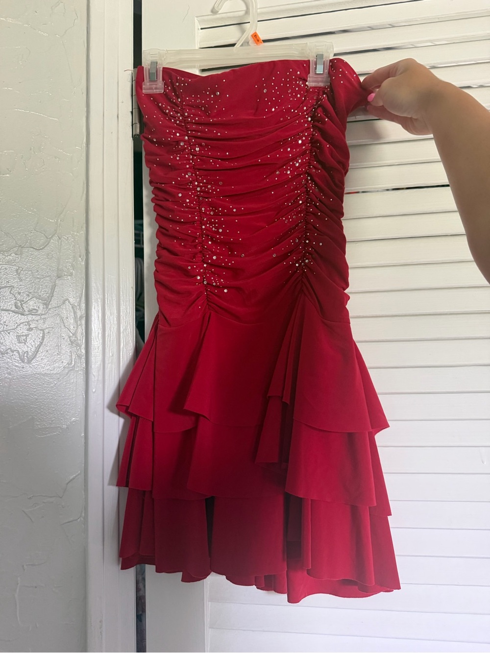 REVOLVE Red Strapless Ruched Mini Dress with Rhinestones